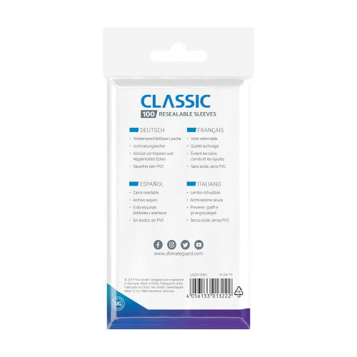 Ultimate Guard - Resealable Standard Size Classic Sleeves 100 Pack - Transparent