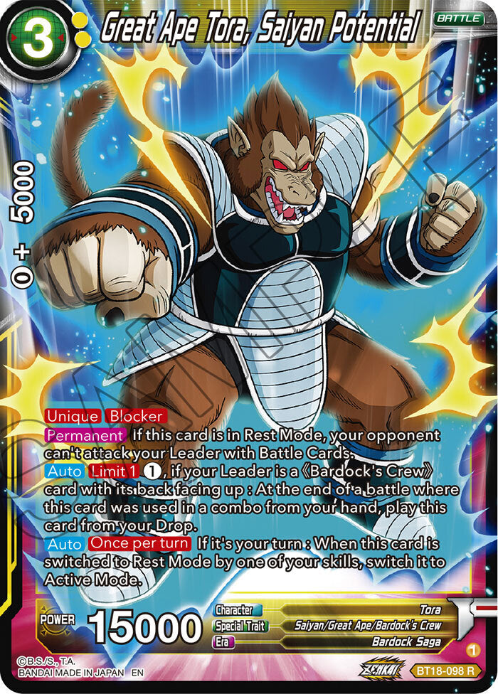 Zenkai Series Dawn of The Z-Legends BT18-098 Great Ape Tora, Saiyan Potential