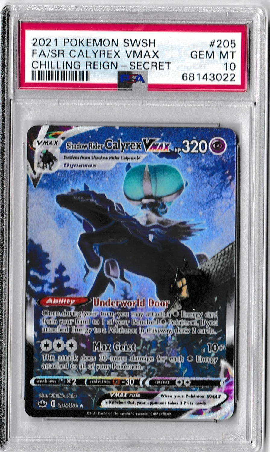 2021 POKEMON SWORD & SHIELD CHILLING REIGN 205 FULL ART/SHADOW RIDER CALYREX VMAX SECRET PSA GEM MINT 10