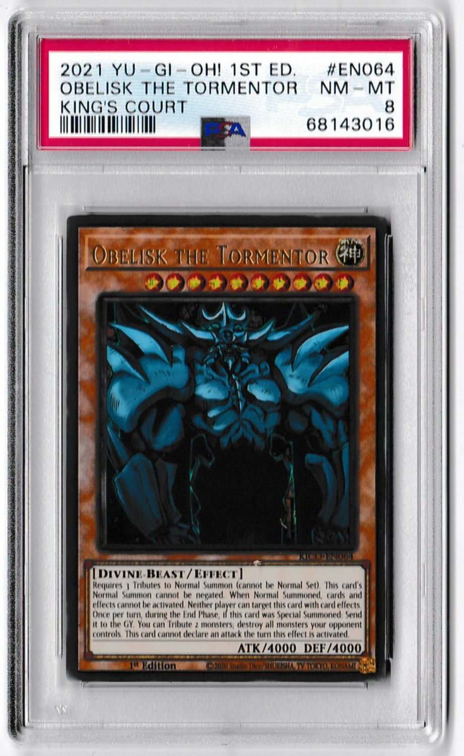 2021 YU-GI-OH! KING'S COURT EN064 OBELISK THE TORMENTOR 1ST EDITION PSA NM-MINT 8