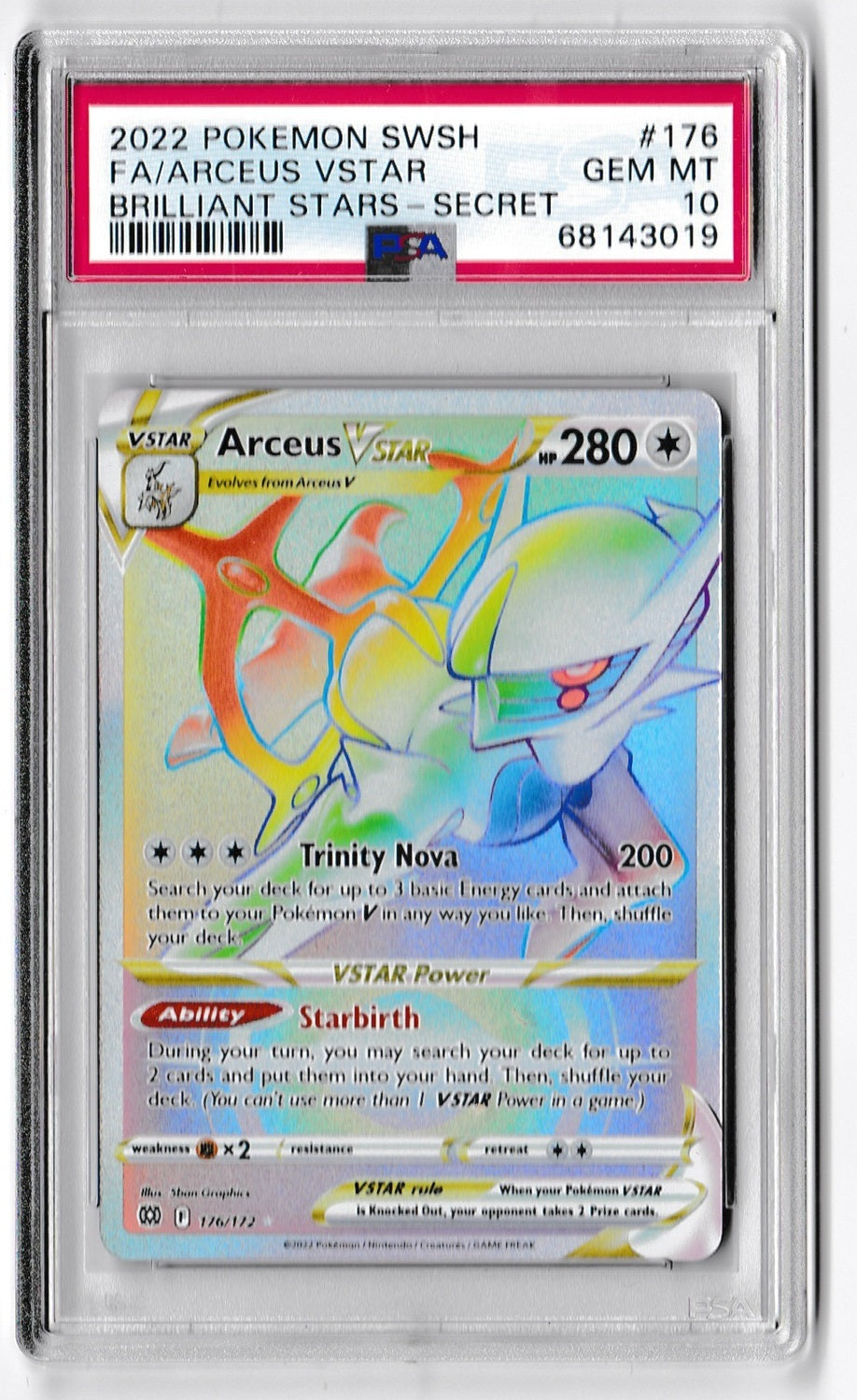 2022 POKEMON SWORD AND SHIELD BRILLIANT STARS 176 FULL ART/ARCEUS VSTAR SECRET PSA GEM MINT 10